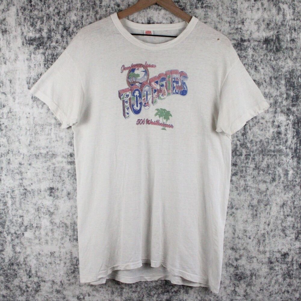 Vintage 70's TOOTSIES T Shirt Mens Size L White Paper Thin USA Hanes Tag